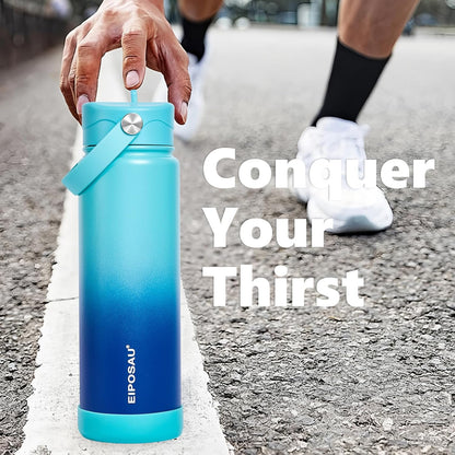 Insulated Water Bottle with Lid & Boot & Stickers, 24 oz Stainless Steel Sweat Free Bottle Keep Cold 24H, BPA-Free Sports Wide Mouth Water Bottle, BlueBlack