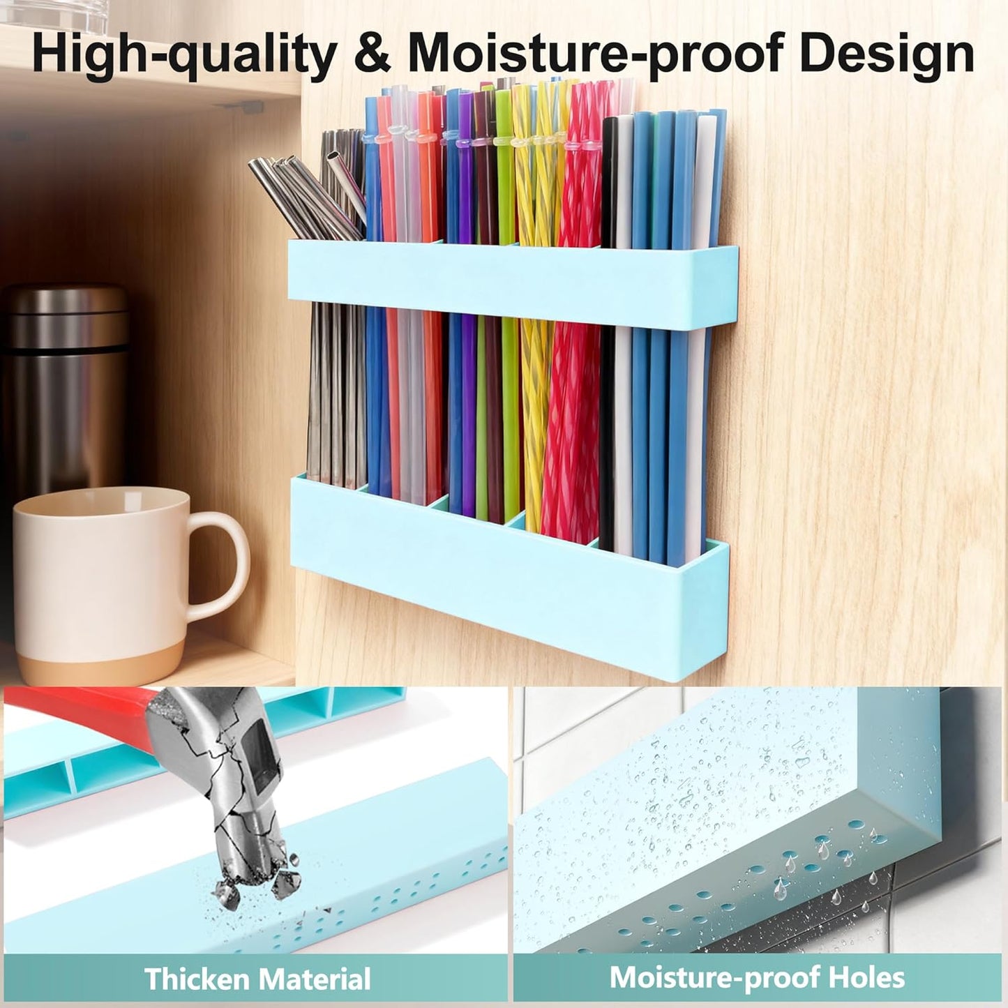 9.5” Large Acrylic Straw Holder for Cabinet Door, Reusable Adjustable Two-Part Straws Organizer with Ultra Sticky Adhesive Strips, 2026 Straw Storage for Kitchen Cupboard (Transparent)