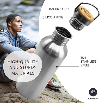 Bambaw Stainless Steel Water Bottles 32 oz, Non-insulated Single Wall Metal Water Bottle Stainless Steel, Reusable & Eco Friendly, Dishwasher Safe – Silver | Non-insulated