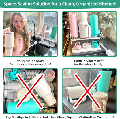 Cup Drying Rack for Counter, Water Bottle Drying Rack for Kitchen Counter, 2-Tier Tumbler, Mug and Glass Drying Rack with Drain Tray and 5-in-1 Cleaning Brush