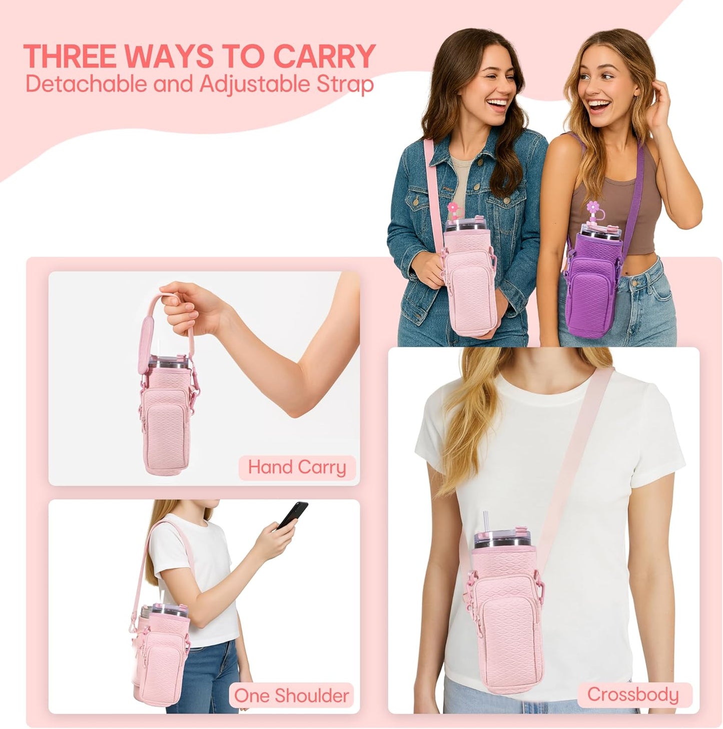&And Per Se Water Bottle Shoulder Bag with Phone Pocket, Compatible with Stanley 30oz Tumblers - Neoprene Carrier with Adjustable Strap & Charm Accessory (Black)