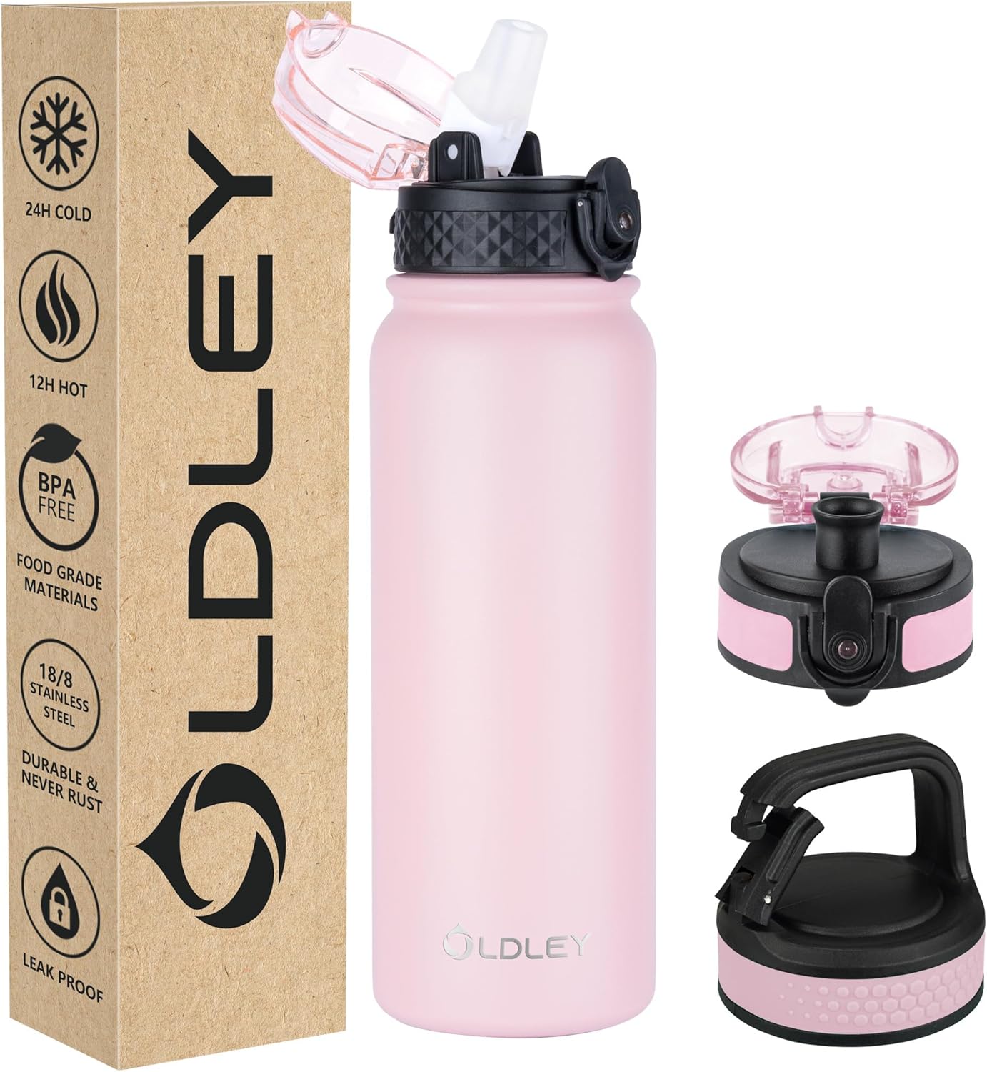 Oldley Insulated Water Bottle 20oz for Adults Kids Stainless Steel Water Bottles with Straw/Chug/Carabiner 3 Lids Fruit Strainer Double Wall Vacuum Wide Mouth BPA Free Leak-Proof for School Travel