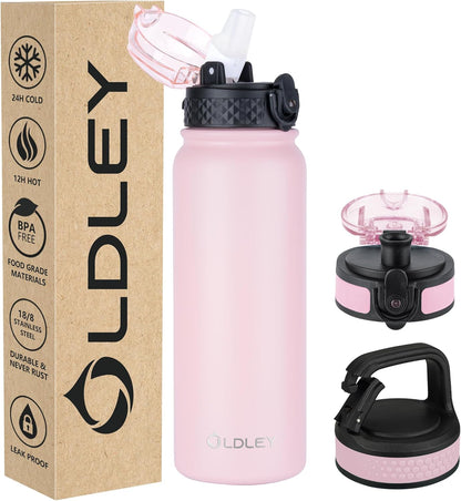 Oldley Insulated Water Bottle 20oz for Adults Kids Stainless Steel Water Bottles with Straw/Chug/Carabiner 3 Lids Fruit Strainer Double Wall Vacuum Wide Mouth BPA Free Leak-Proof for School Travel