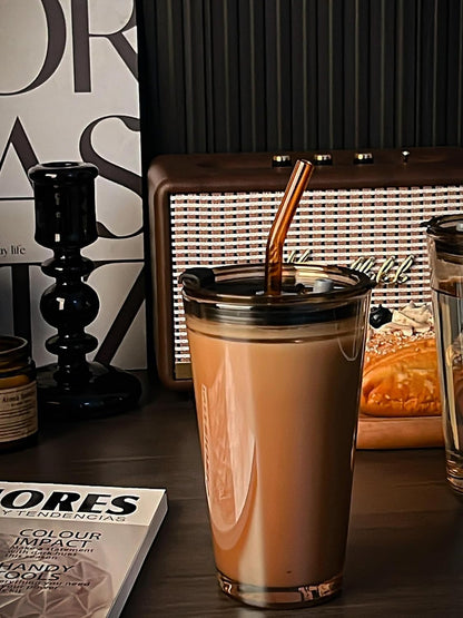 Olvini 15oz Glass Tumbler with Straw and Lid, Cute Iced Coffee Cups, Aesthetic Glass Cups, Coffee Tumbler, Water Cup, Matcha Cup, Drinking Glasses (Clear)