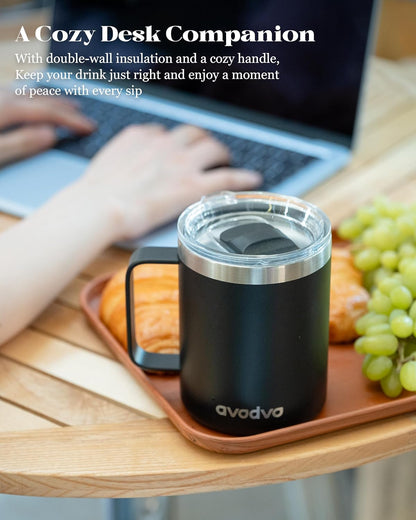 12oz Insulated Coffee Mug with Lid – Includes Two Lids, Stainless Steel Coffee Travel Mug with Handle, Double Wall Vacuum Insulated Camping Mug for Home, Office & Outdoor, Navy Blue