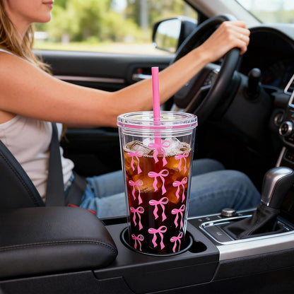 24oz Tumbler with Lid and Straw, Leak Proof and Double Wall Insulated Reusable Plastic Cups,Travel Reusable Iced Coffee Cup (1, Pink)