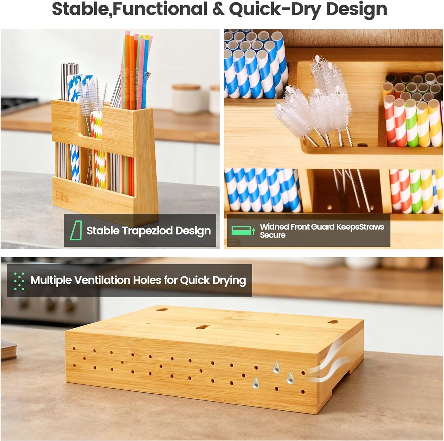 Bamboo Straw Holder Organizer for Cabinet Door, 10.8" Magnetic Straw Organizer with 6 Compartments for Long & Short Reusable Straws, Fridge, Counter & Wall Mount