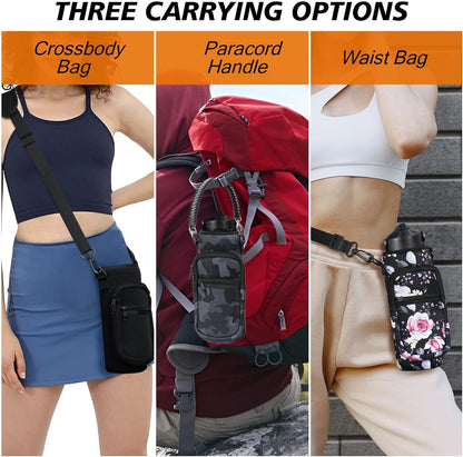 AceTreker 32/40/64/128 oz Neoprene Insulated Water Bottle Carrier Bag, Sling Bag Sleeve Pouch Holder with Strap & Paracord Handle and 2 Pocket for Travelling, Hiking, Camping