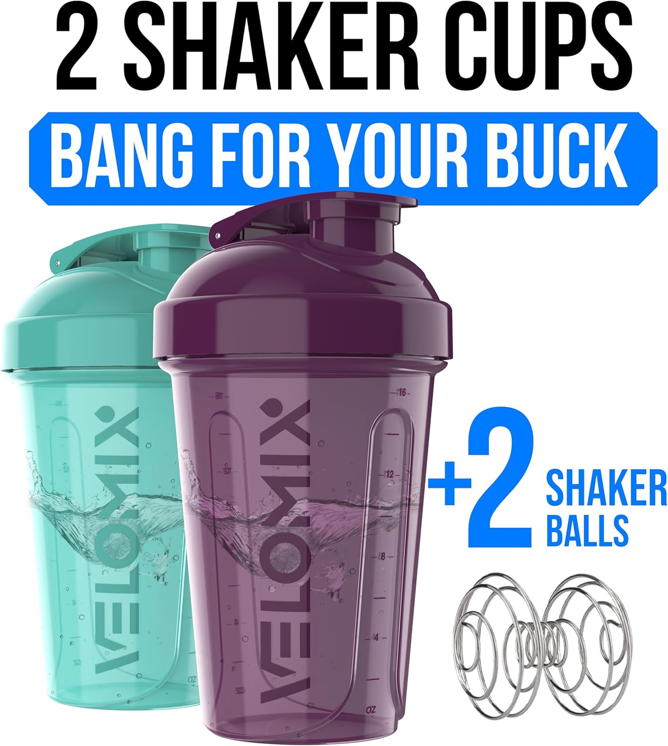 VELOMIX -2 Pack- 20 oz Protein Shaker Bottles for Protein Mixes - 2x Wire Whisk | Leak Proof Shaker Cups for Protein Shakes and Pre Workout | Protein Shaker Bottle Pack (Black/Transparent)