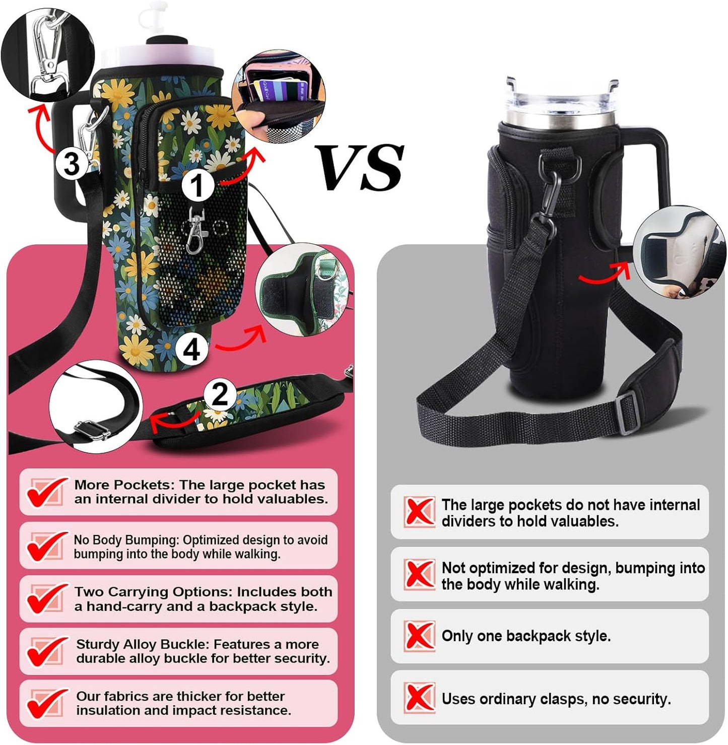 Stanley Carrier Bag for Stanley 40oz/30ozTumbler with Phone with 2 Adjustable Strap,3 Pockets Bottle Stanley Cup Carrier Bag & Case,Accessories for Hiking Travelling