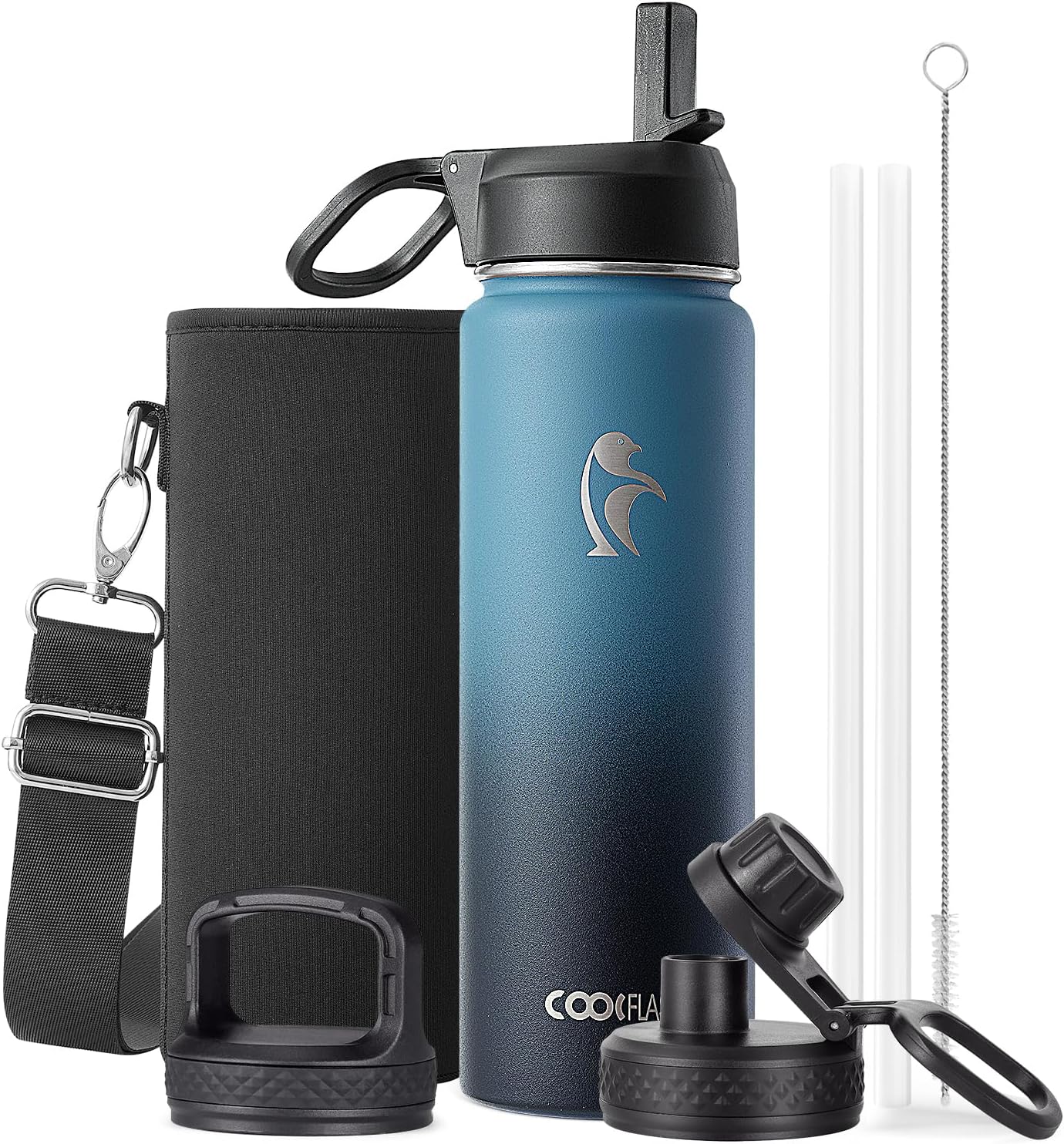Half Gallon Water Bottle Insulated with Straw & 3 Lids, Coolflask 64 oz Water Jug Large Metal Stainless Steel Wide Mouth for Sports, Gym or Office, Non-BPA Keep Cold 48H Hot 24H, Samurai Cyan