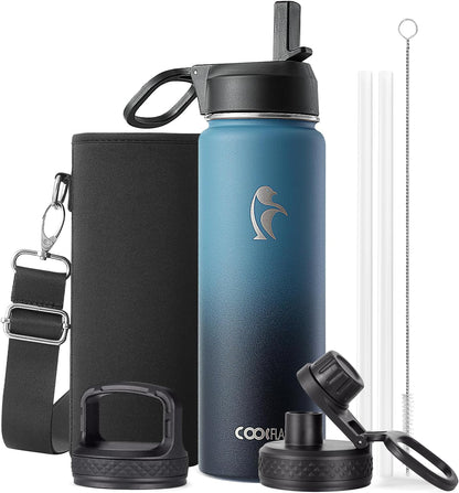 Half Gallon Water Bottle Insulated with Straw & 3 Lids, Coolflask 64 oz Water Jug Large Metal Stainless Steel Wide Mouth for Sports, Gym or Office, Non-BPA Keep Cold 48H Hot 24H, Samurai Cyan