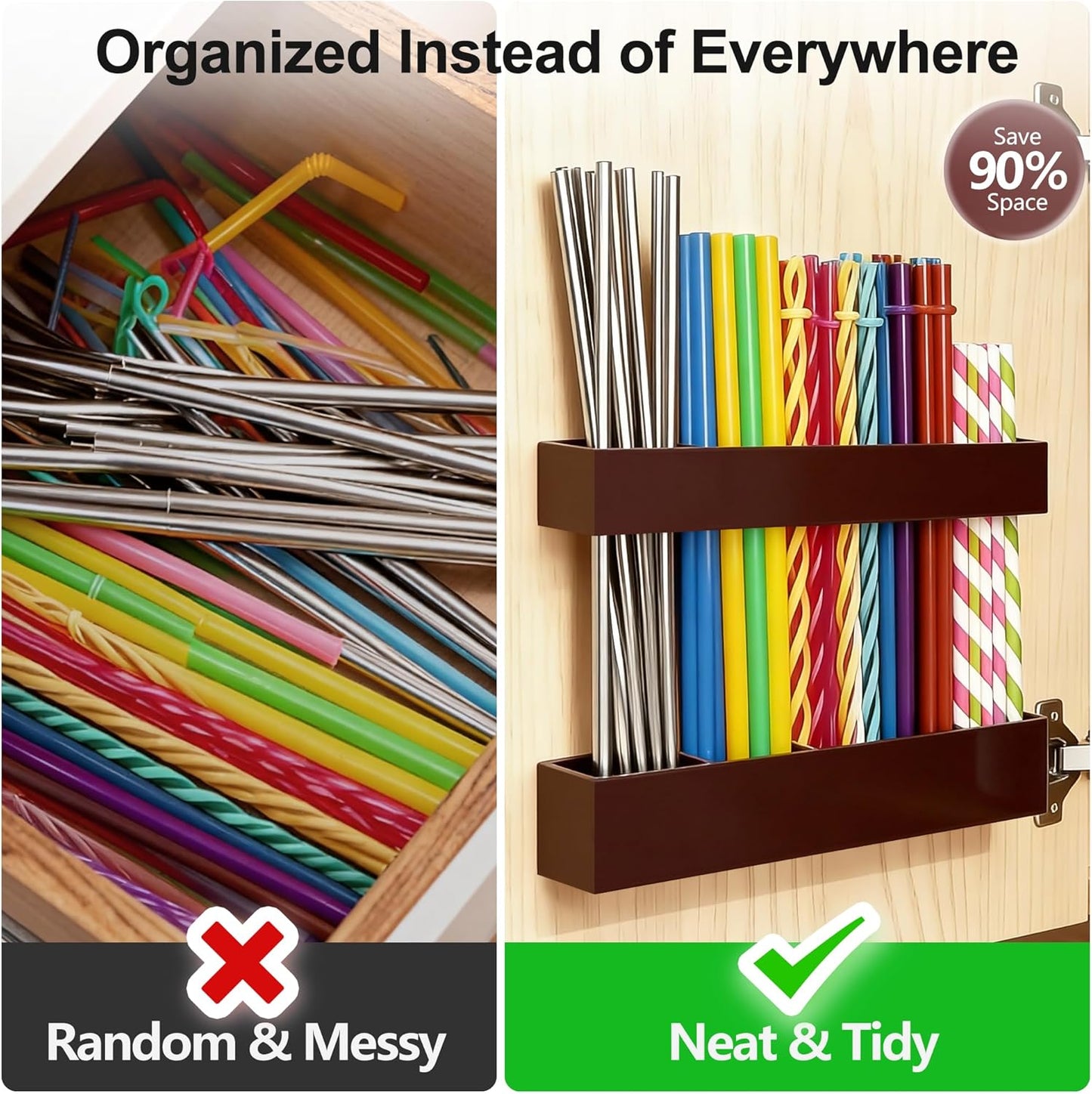 9.5” Large Acrylic Straw Holder for Cabinet Door, Reusable Adjustable Two-Part Straws Organizer with Ultra Sticky Adhesive Strips, 2026 Straw Storage for Kitchen Cupboard (Transparent)