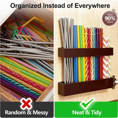 9.5” Large Acrylic Straw Holder for Cabinet Door, Reusable Adjustable Two-Part Straws Organizer with Ultra Sticky Adhesive Strips, 2026 Straw Storage for Kitchen Cupboard (Transparent)