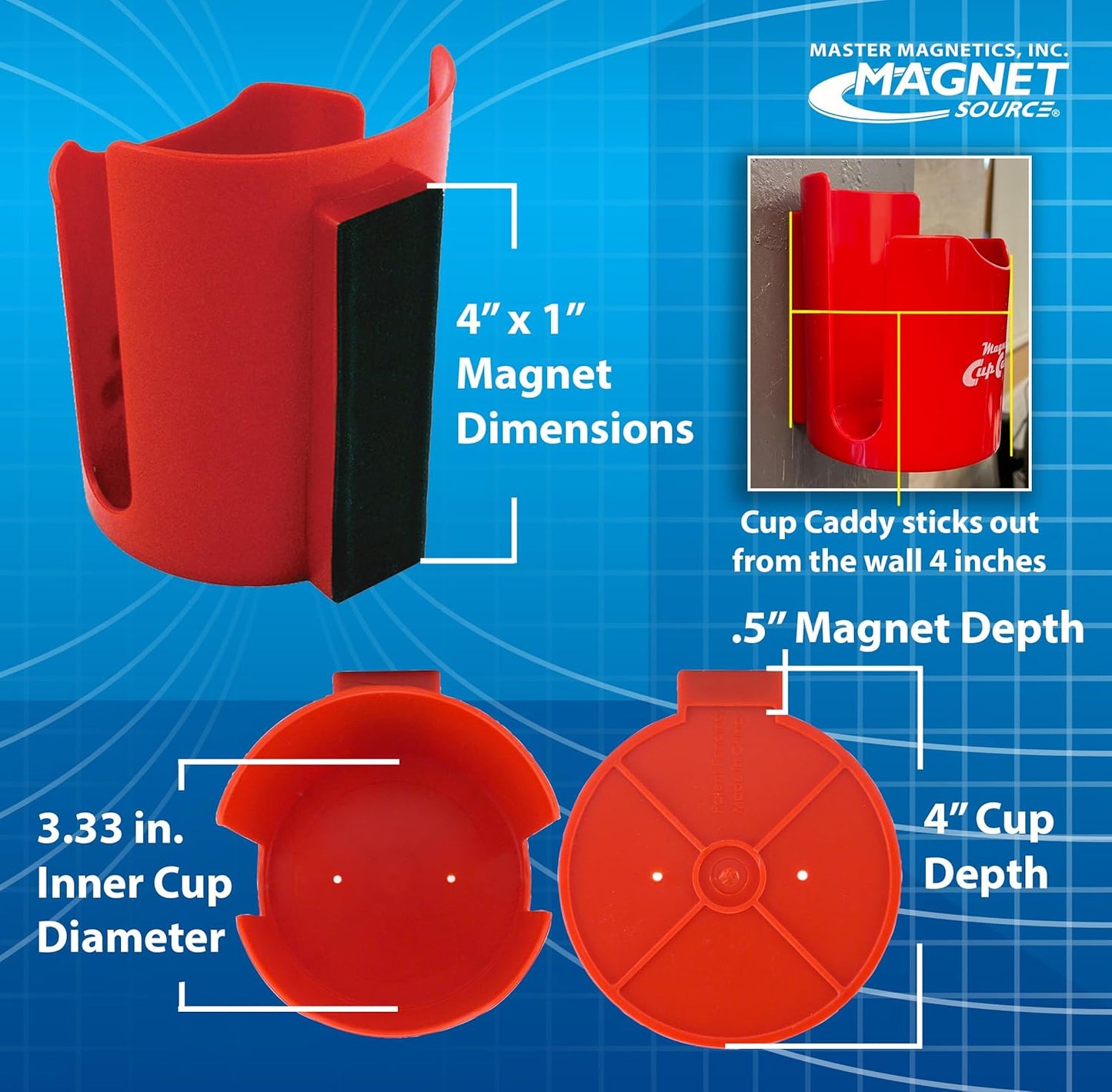 Master Magnetics Magnetic Cup Holder - Caddy for Bottles, Glasses, and Cans - Fits on Fridge, Lawnmower, Forklift, Cart, or Ladder - Heavy-Duty Magnet