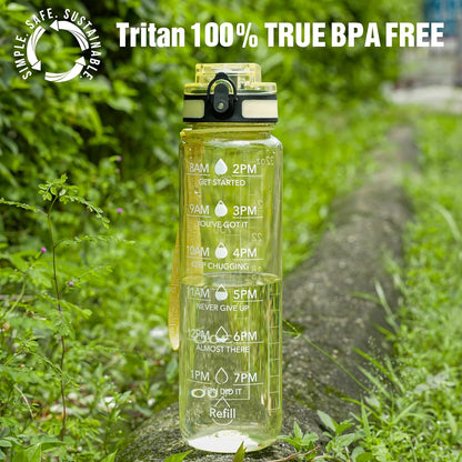 OLDLEY Water Bottle, 32oz Motivational Sports Water Bottle with Time Marker - Times to Drink - Tritan, BPA Free, Wide Mouth Leakproof, Clear (1 Bottle)
