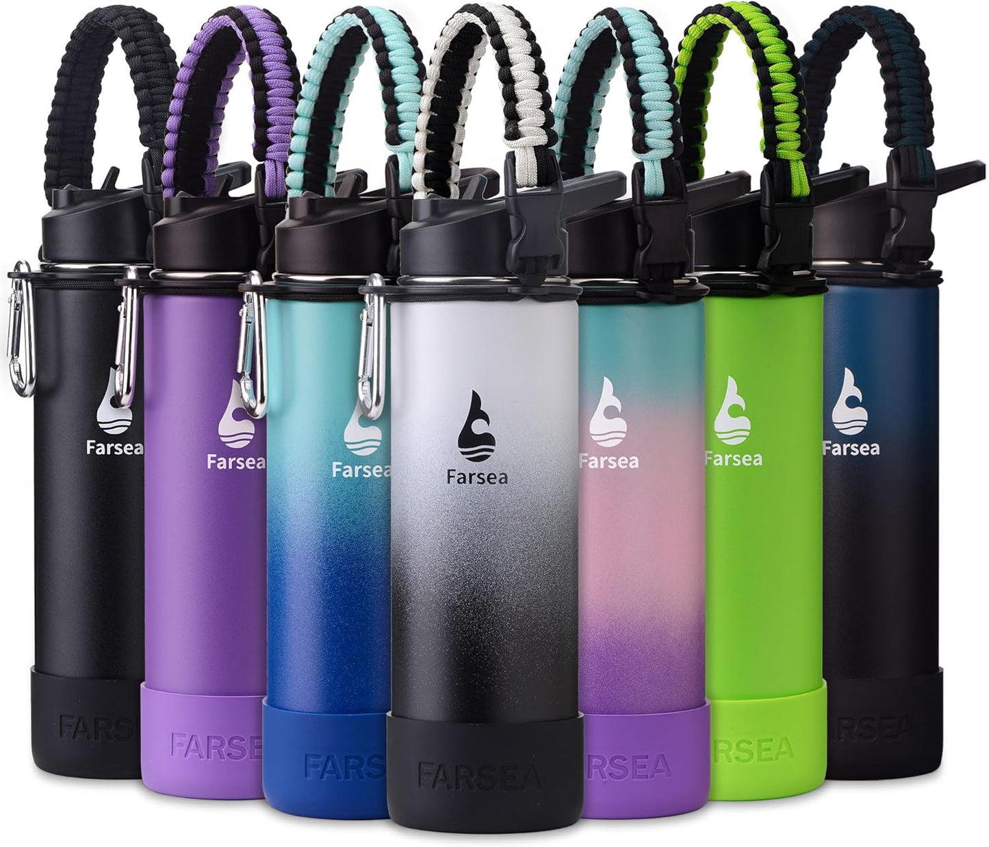 Farsea Insulated Water Bottle With Paracord Handle, Protective Silicone Boot and 2 Lids (Straw Lid & Spout Lid), Stainless Steel Water Bottle Wide Mouth, Double Wall Sweat-Proof BPA-Free, 24 oz