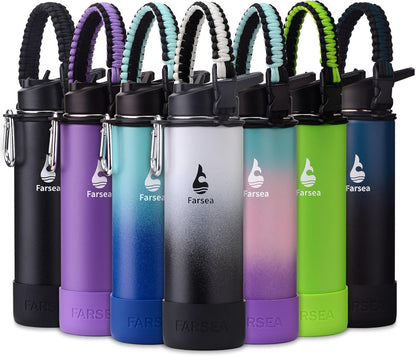 Farsea Insulated Water Bottle With Paracord Handle, Protective Silicone Boot and 2 Lids (Straw Lid & Spout Lid), Stainless Steel Water Bottle Wide Mouth, Double Wall Sweat-Proof BPA-Free, 24 oz