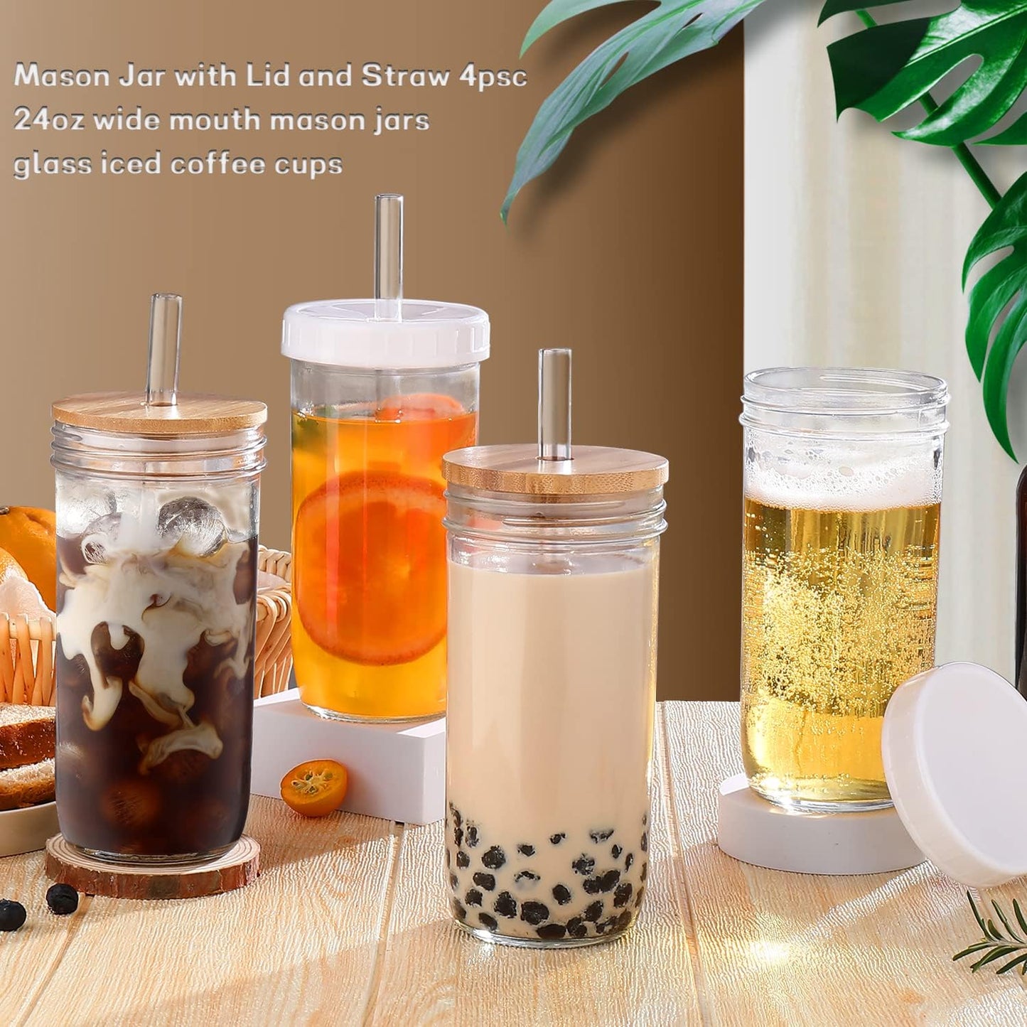 DWTS DANWEITESI Glass Cups with Lids and Straws,24 oz Smoothie Cup with Lid and Straw-Boba Mason Jar,Matcha Cup Wide Mouth Reusable Drinking Glasses,Iced Coffee Cups Glass,Vasos De Vidrio【4 Pack】