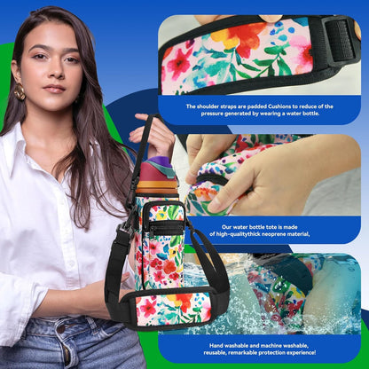 Neoprene Water Bottle Holder Bag with Cell Phone Pocket Compatible with Owala FreeSip 24 oz，Water Bottle Carrying Bag ，with Adjustable Shoulder Strap,for 24oz Stainless Steel Water Bottle