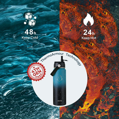 BUZIO 40oz Insulated Water Bottle, Triple Wall Vacuum Stainless Steel Water Flask with 2 lids, Lead-Free BPA-Free Straw Lid Sports Canteen Jug, Cold 48H & Hot 24H- Black - Colors A