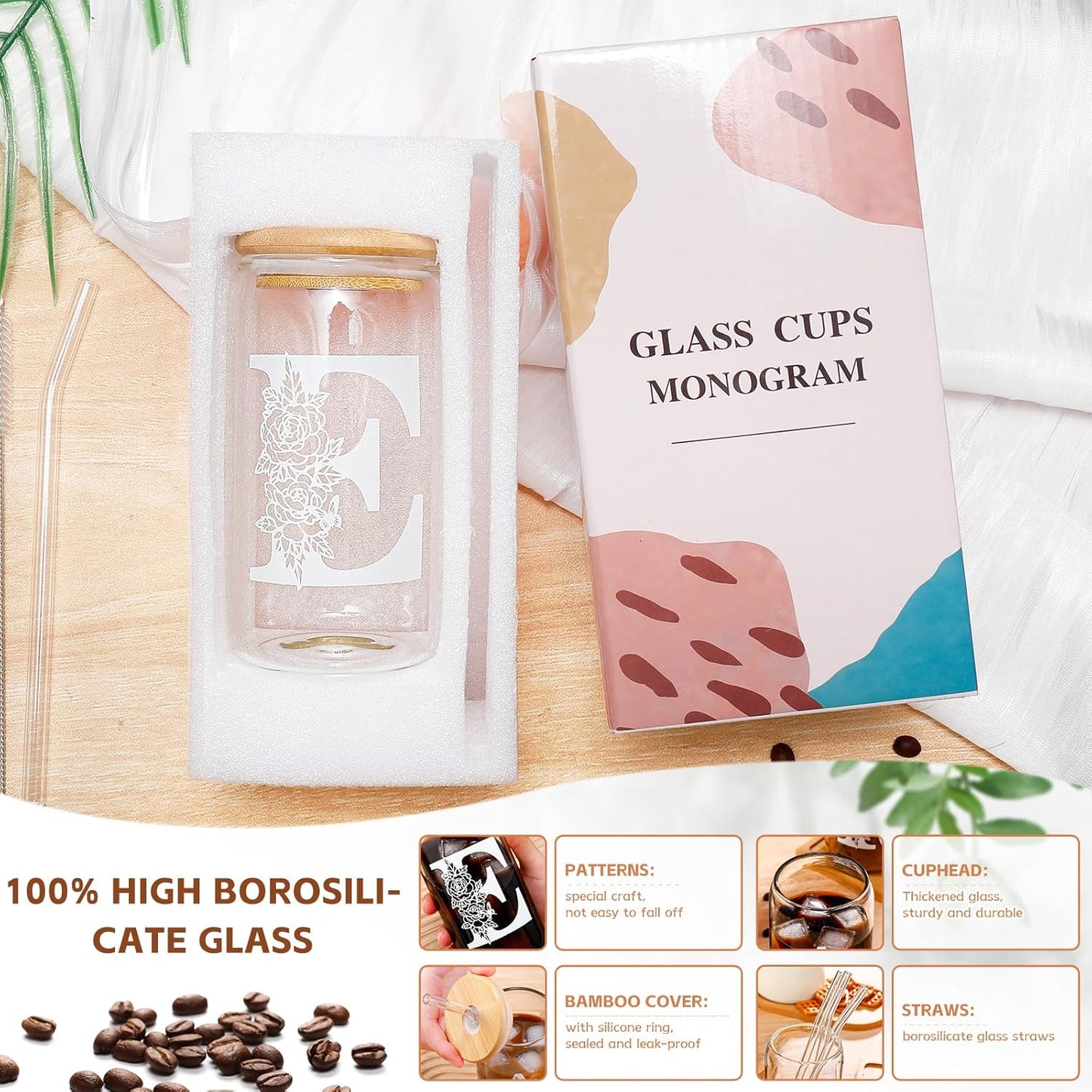 Glass Cups with Lids and Straws: Personalized Initial Glass Cup Be Used As Reusable Iced Coffee Cups with Lids,Cute Matcha Tumbler - The Christmas/Birthday Gifts for Women - M Smoothie Cup