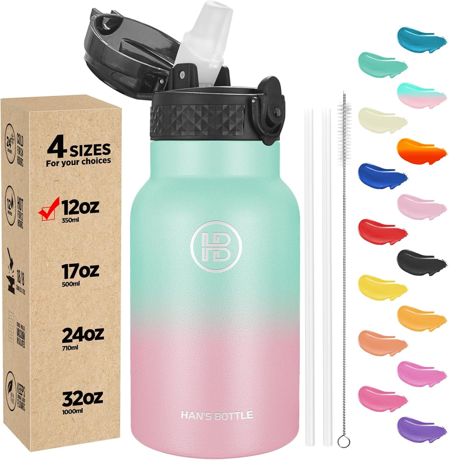 Han's Bottle Sports Water Bottle - 24 Oz, Straw Lid, Leak Proof, Vacuum Insulated Stainless Steel, Double Walled, Thermo Mug,Black