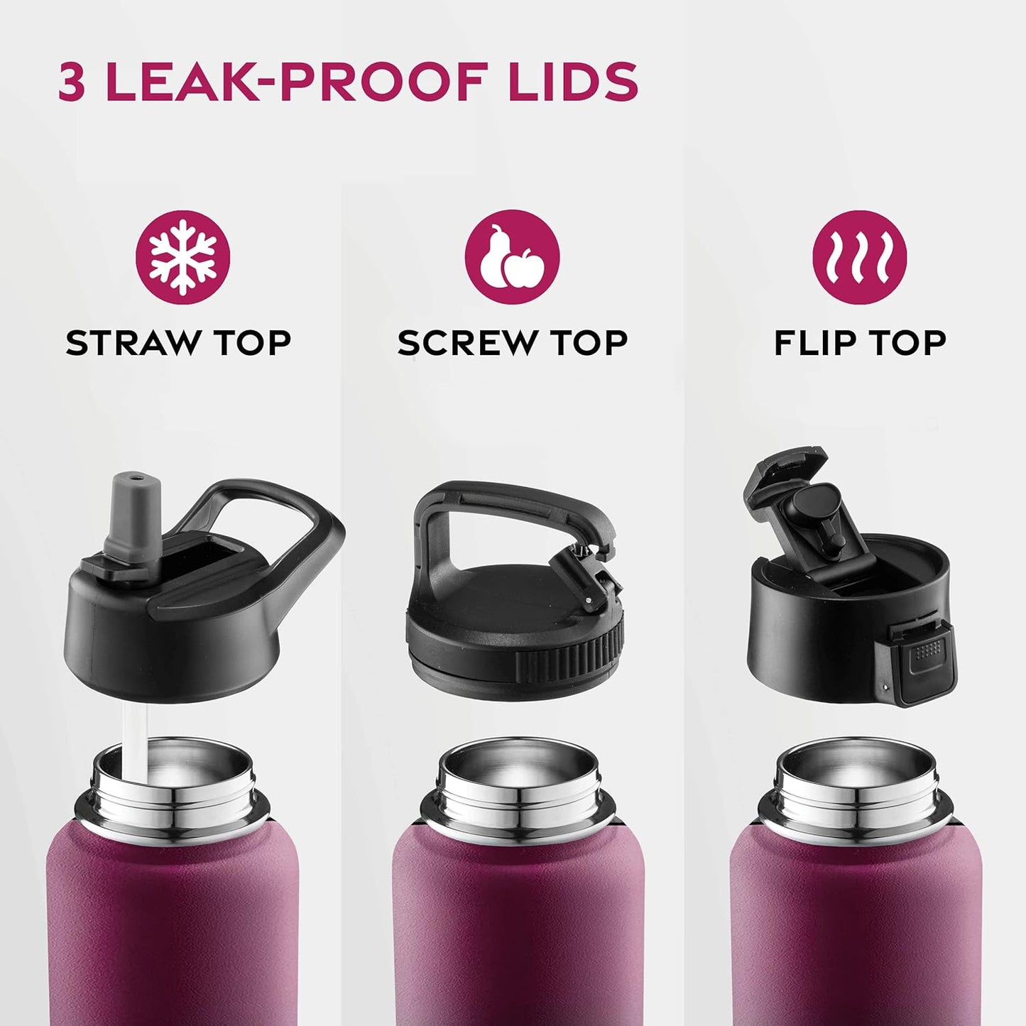 FineDine Water Bottle - Stainless Steel Insulated Water Bottle with Straw Lid, Flip Lid & Wide-Mouth Cap - Keeps Hot and Cold - 25 Oz / 739ml - Dreamy Purple