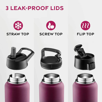 FineDine Water Bottle - Stainless Steel Insulated Water Bottle with Straw Lid, Flip Lid & Wide-Mouth Cap - Keeps Hot and Cold - 25 Oz / 739ml - Dreamy Purple