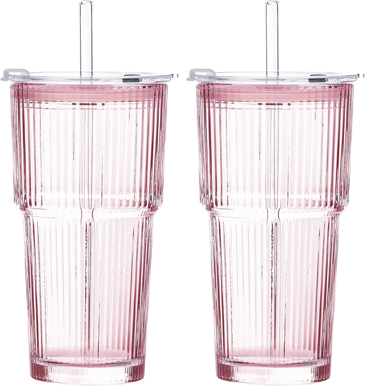 GOSCHE 20oz Ribbed Glass Tumbler with Straw and Lid, Clear Iced Coffee Cups Vintage Glassware, Glass Cups with Lids and Straws for Smoothie Water Tea Juice, Clear, 2 Pack