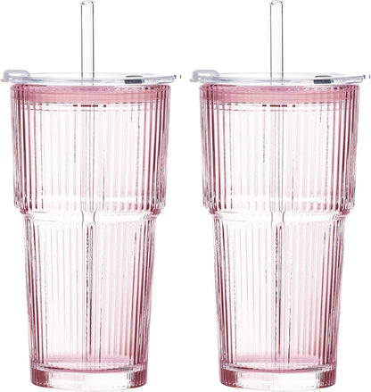 GOSCHE 20oz Ribbed Glass Tumbler with Straw and Lid, Clear Iced Coffee Cups Vintage Glassware, Glass Cups with Lids and Straws for Smoothie Water Tea Juice, Clear, 2 Pack