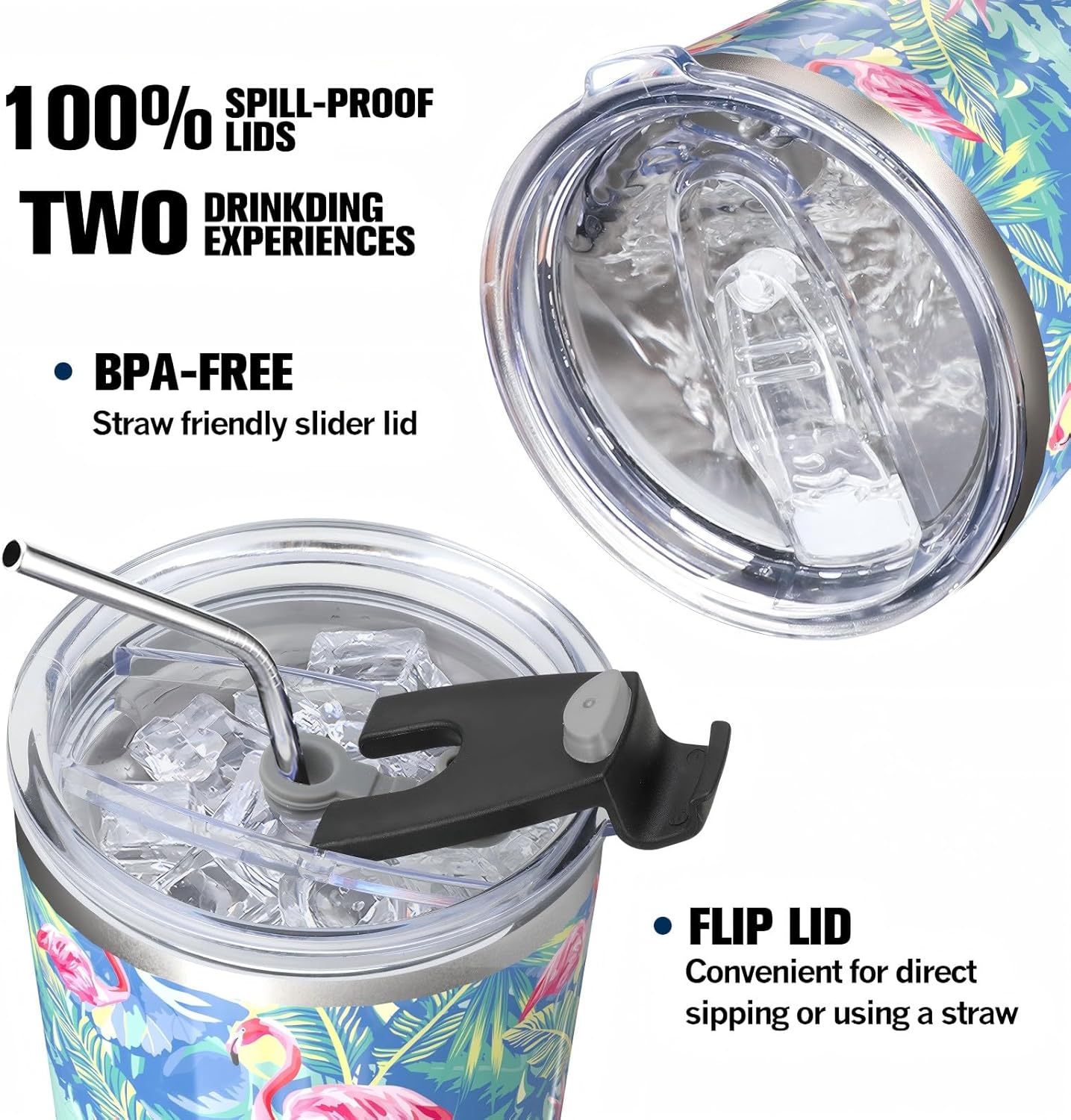30oz Insulated Tumblers with Lids and Straws, Double wall Stainless Steel Tumbler with straw, Reusable Spill Proof Tumbler, Perfect for Iced Coffee, Tea & More- Flamingo