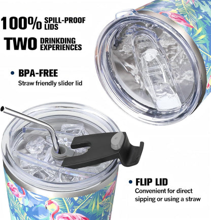 30oz Insulated Tumblers with Lids and Straws, Double wall Stainless Steel Tumbler with straw, Reusable Spill Proof Tumbler, Perfect for Iced Coffee, Tea & More- Flamingo