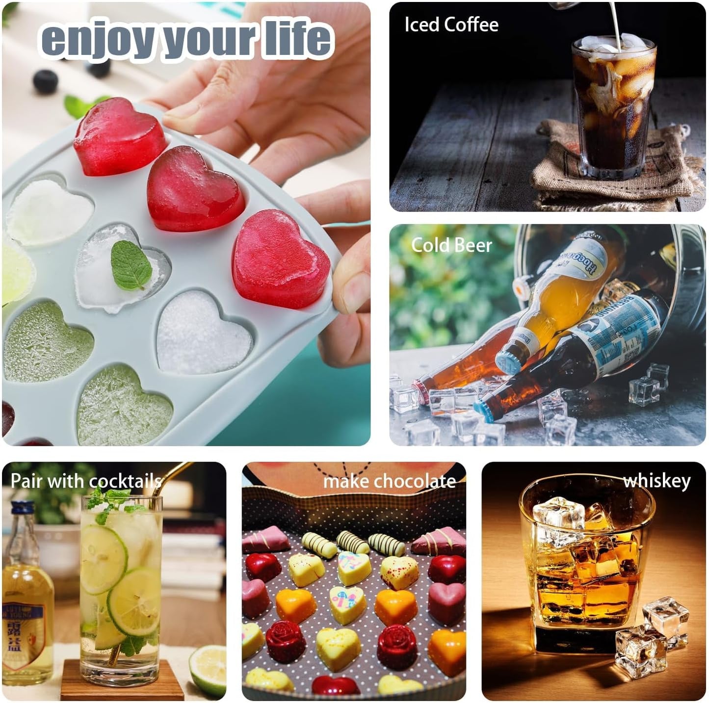 Heart Shape Ice Cube Tray, 21 Holes Silicone Ice Cube Mold with Removable Lid Flexible for Whiskey Cocktail Chocolate
