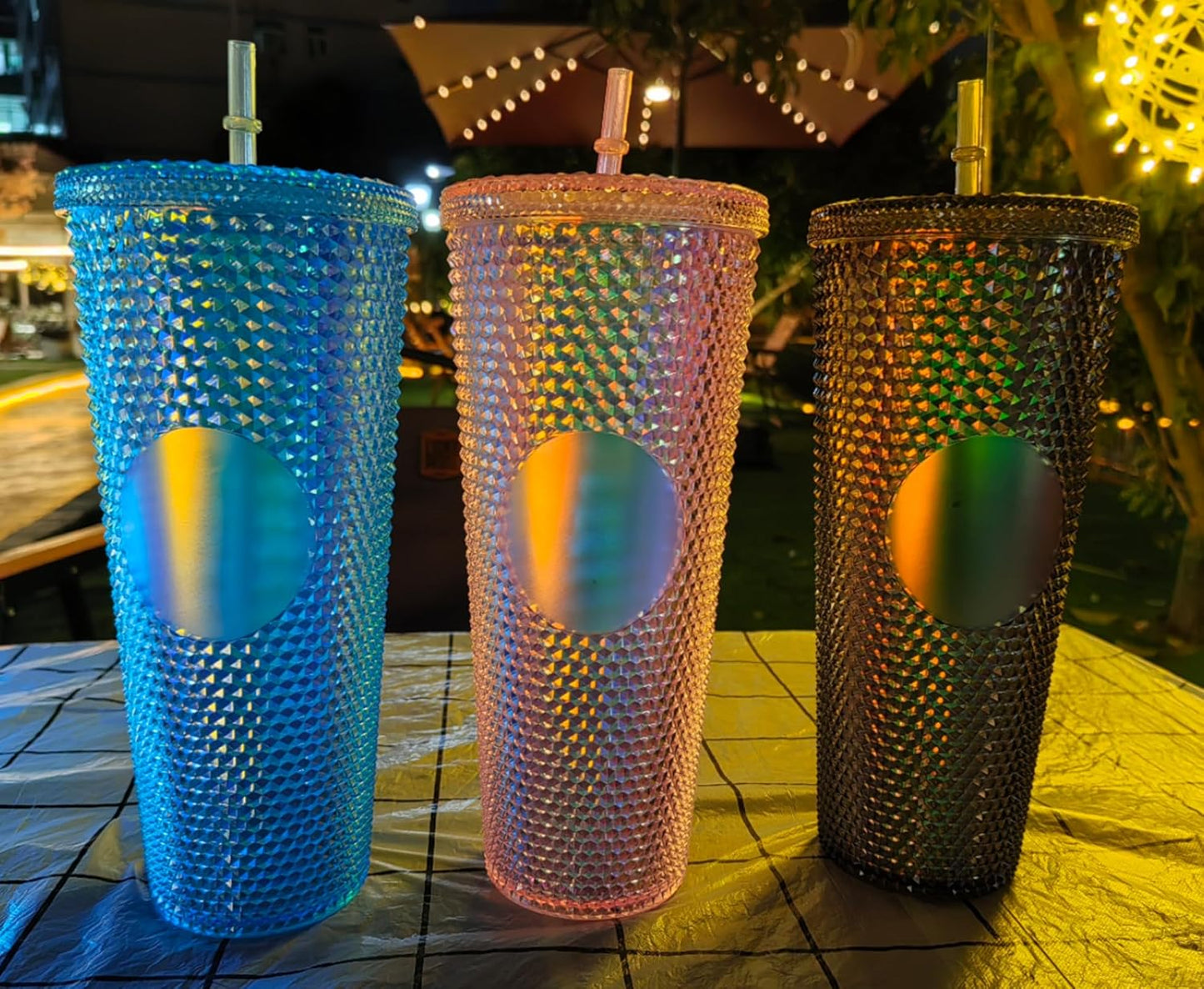 Studded Tumbler With Straw Tumblers With Lids And Straws Iridescent Blue Cups Water Cup With Straw And Lid BPA-Free Double-Wall Plastic for Iced Coffee Cups or Water 24 Oz