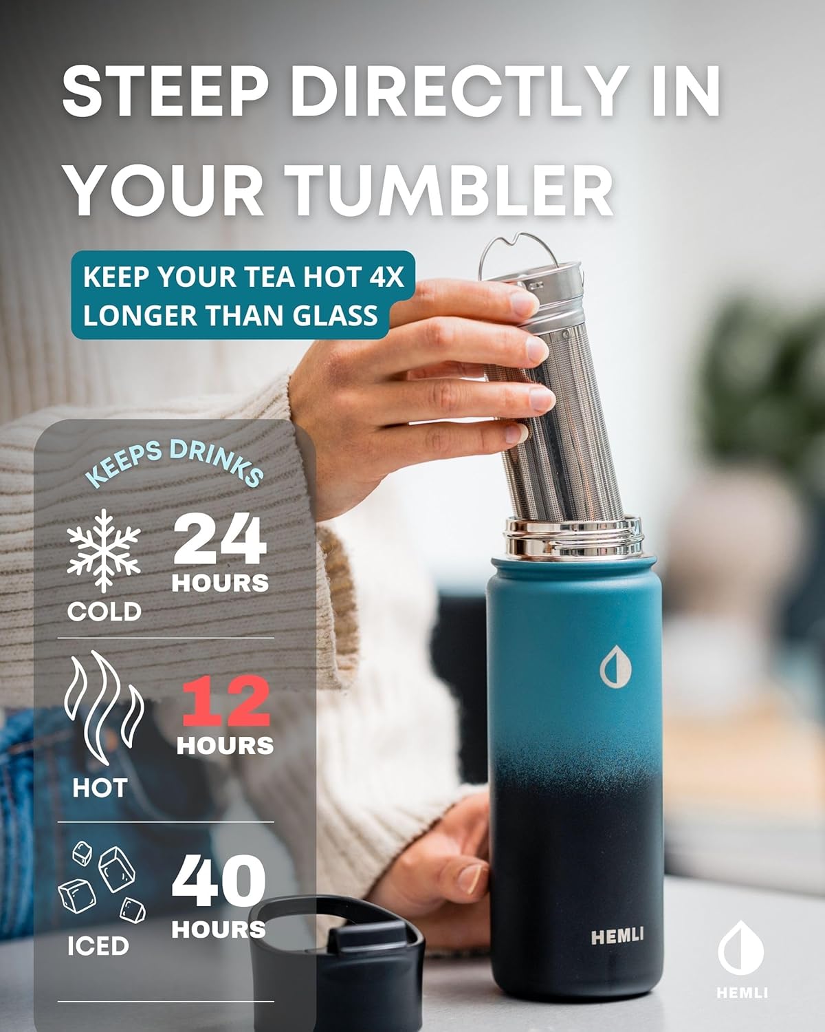 22 oz Ceramic Lined Tea Infuser Travel Tumbler, Micro-Mesh Stainless Steel Infuser, Pure Taste Ceramic Interior, Triple Insulated 12hr Hot Cold, Dual Sip & Straw Lid, Scratch-Resistant