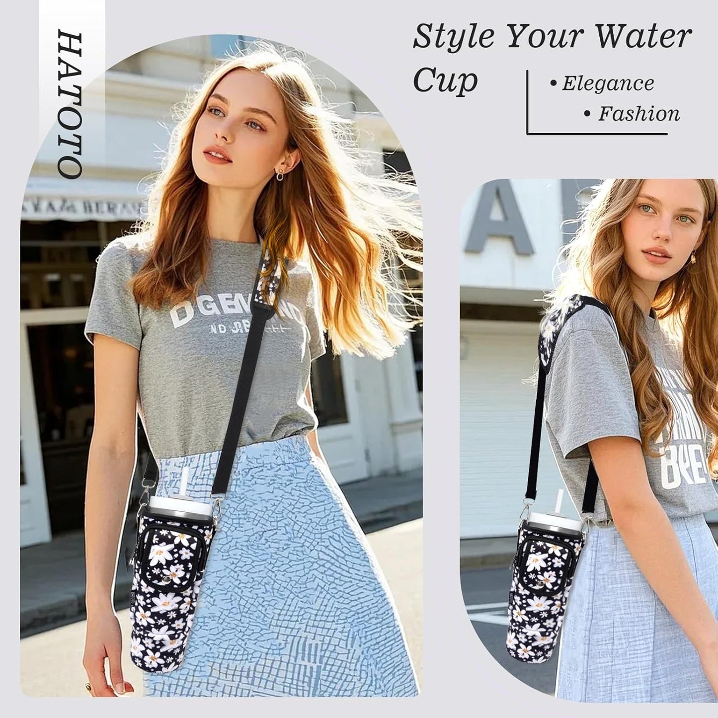 Water Bottle Holder with Strap for Stanley Cup 40/30oz, Insulated Neoprene Stanley Cup Holder with Strap for Tumbler with Handle Stanley Carrier Bag Cross-body Bag for Walking