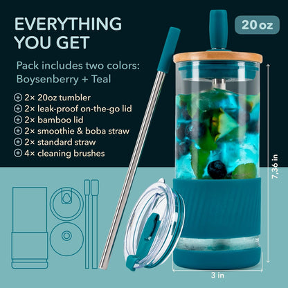 Pandaloo® Glass Cups With Lids and Straws -20 Fl Oz- Perfect Size Iced Coffee Cup - Smoothie Cup With Bamboo Lid and On the go Lid - Glass Tumbler With Straw (1 Count (Pack of 1), Lilac Rhapsody)