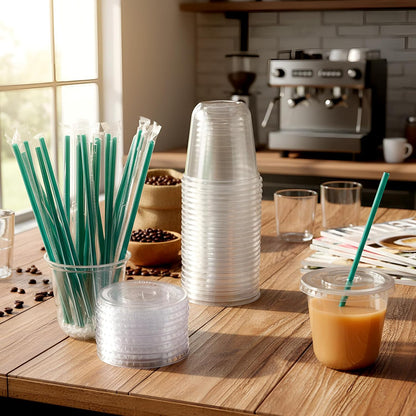 Baderke 25 Set Plastic Cups with Lids and Straws, Disposable Plastic Iced Coffee Cup for Cold Beverage Juice Smoothie Crystal for Coffee Shops Party Catering(Clear,16 oz)