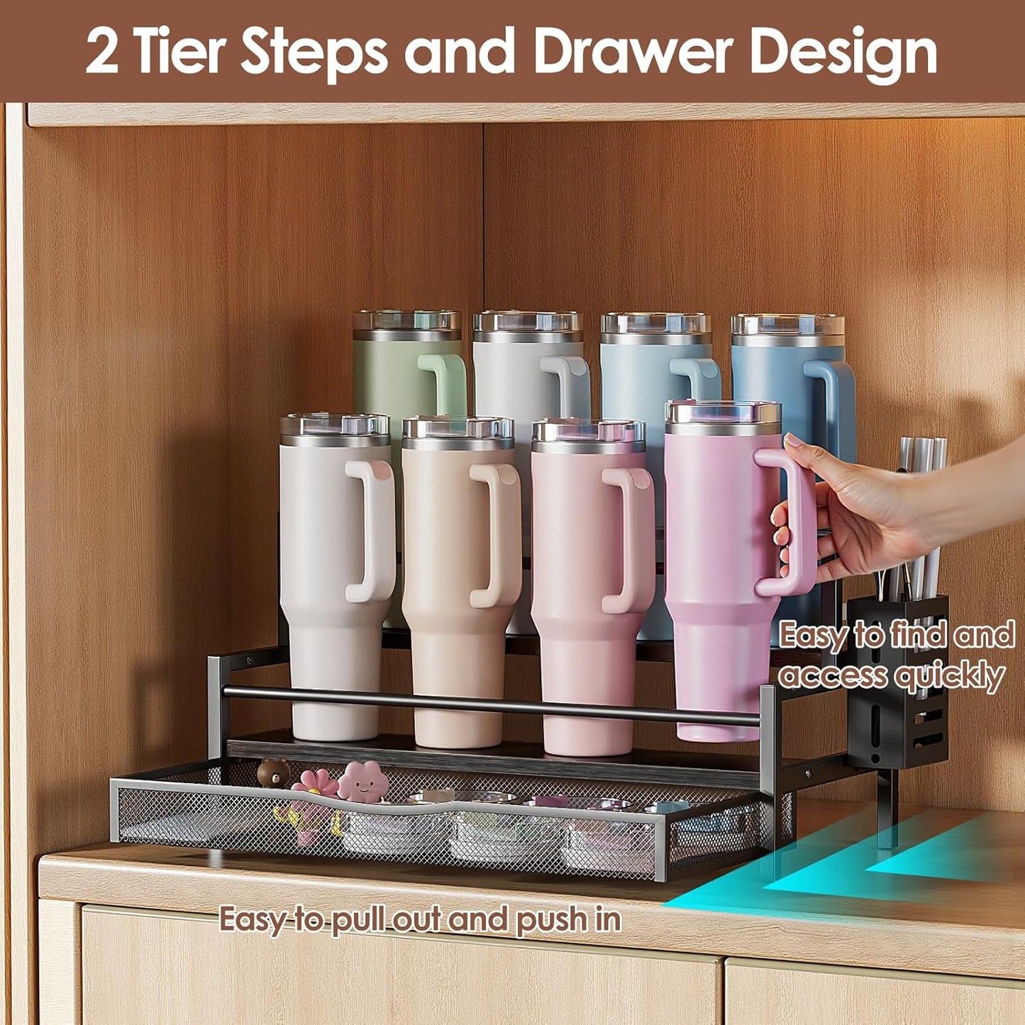 Water Bottle Organizer for Full Stanley 40 oz Tumbler with Handle, 2 Tier Tumbler Organizer for 8 Cups, Kitchen Pantry Organizers and Storage for Owala Stanley Cup Accessories, Brown