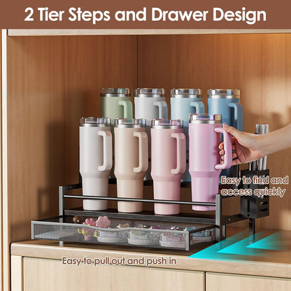 Water Bottle Organizer for Full Stanley 40 oz Tumbler with Handle, 2 Tier Tumbler Organizer for 8 Cups, Kitchen Pantry Organizers and Storage for Owala Stanley Cup Accessories, Brown