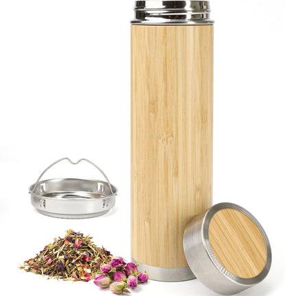 Bamboo Tea Infuser, Insulated Water Bottle, 17oz Reusable Travel Mug, Leak Proof Tumbler, Double-walled Stainless Steel Cup with Lid Keeps Hot & Cold Drinks Beverages, for Loose Tea, Coffee, Gift Set