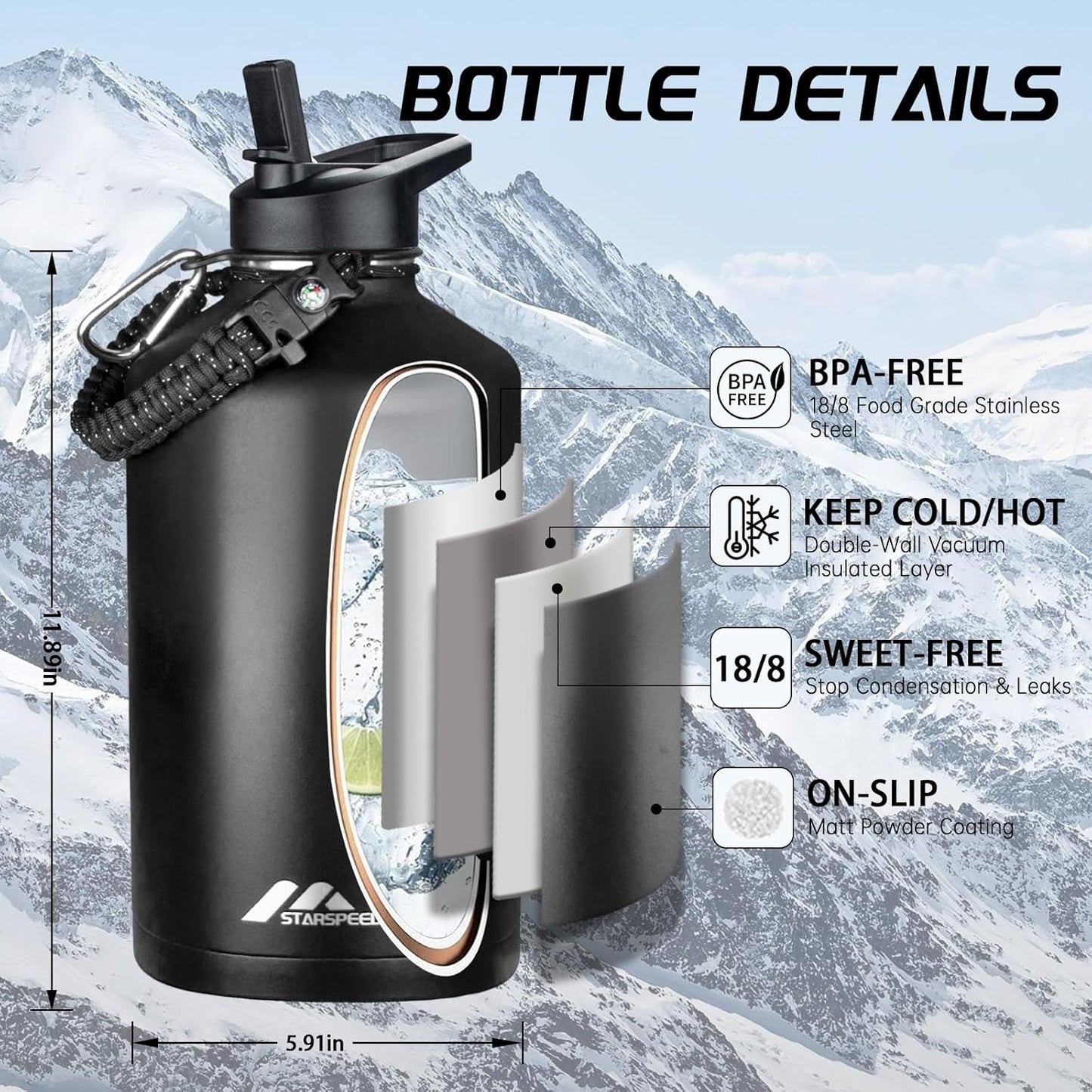 StarSpeed 32oz Insulated Water Bottle with Straw Lid, Stainless Steel Double Walled Vacuum Water Flask, Wide Mouth Sports Water Bottle for Gym Camping Hiking, Indigo Black