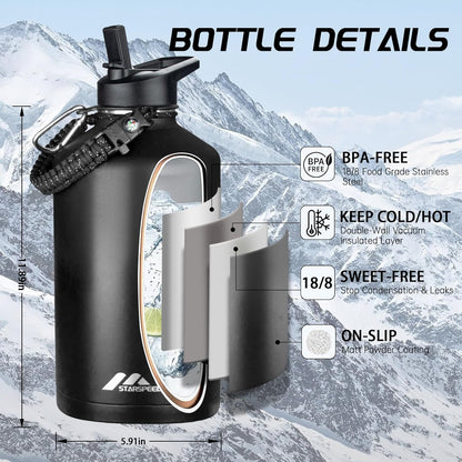 StarSpeed 32oz Insulated Water Bottle with Straw Lid, Stainless Steel Double Walled Vacuum Water Flask, Wide Mouth Sports Water Bottle for Gym Camping Hiking, Indigo Black