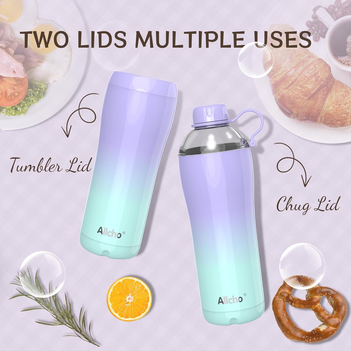 Allcho Insulated Water Bottle for Women, 18oz Stainless Steel Leak Proof Tumbler with 2 Lids, BPA-Free Tritan Chug & Straw Lid, Double Wall Vacuum Flask