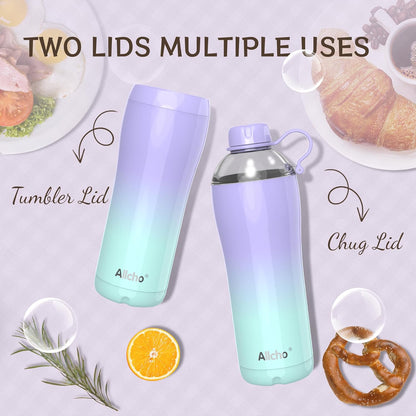Allcho Insulated Water Bottle for Women, 18oz Stainless Steel Leak Proof Tumbler with 2 Lids, BPA-Free Tritan Chug & Straw Lid, Double Wall Vacuum Flask