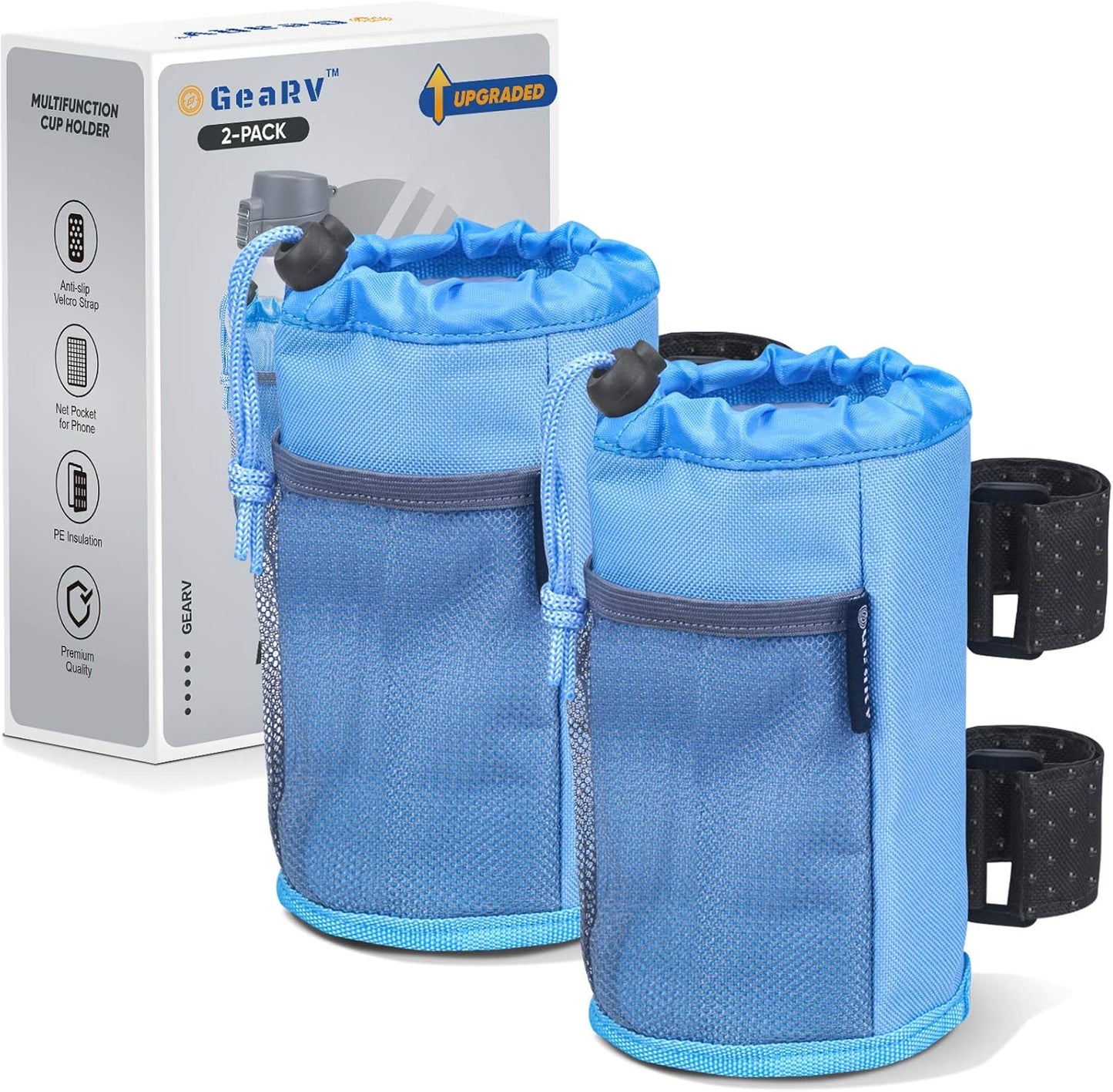 GEARV 2Pack Cup Holder for Bike, Scooter and Wheelchair, Water Bottle Holder for UTV/ATV, Walker, Golf Cart and Beach, Universal Drink Holder Accessories with Net Pocket and Cord Lock (Black)
