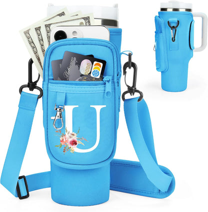 Initial Water Bottle Holder with Strap for Stanley Cup Accessories 40 oz/Simple Modern Tumbler, Birthdays for Women Girls, Water Bottle Carrier Bag with Phone Pocket,Hiking Walking Gym Camping