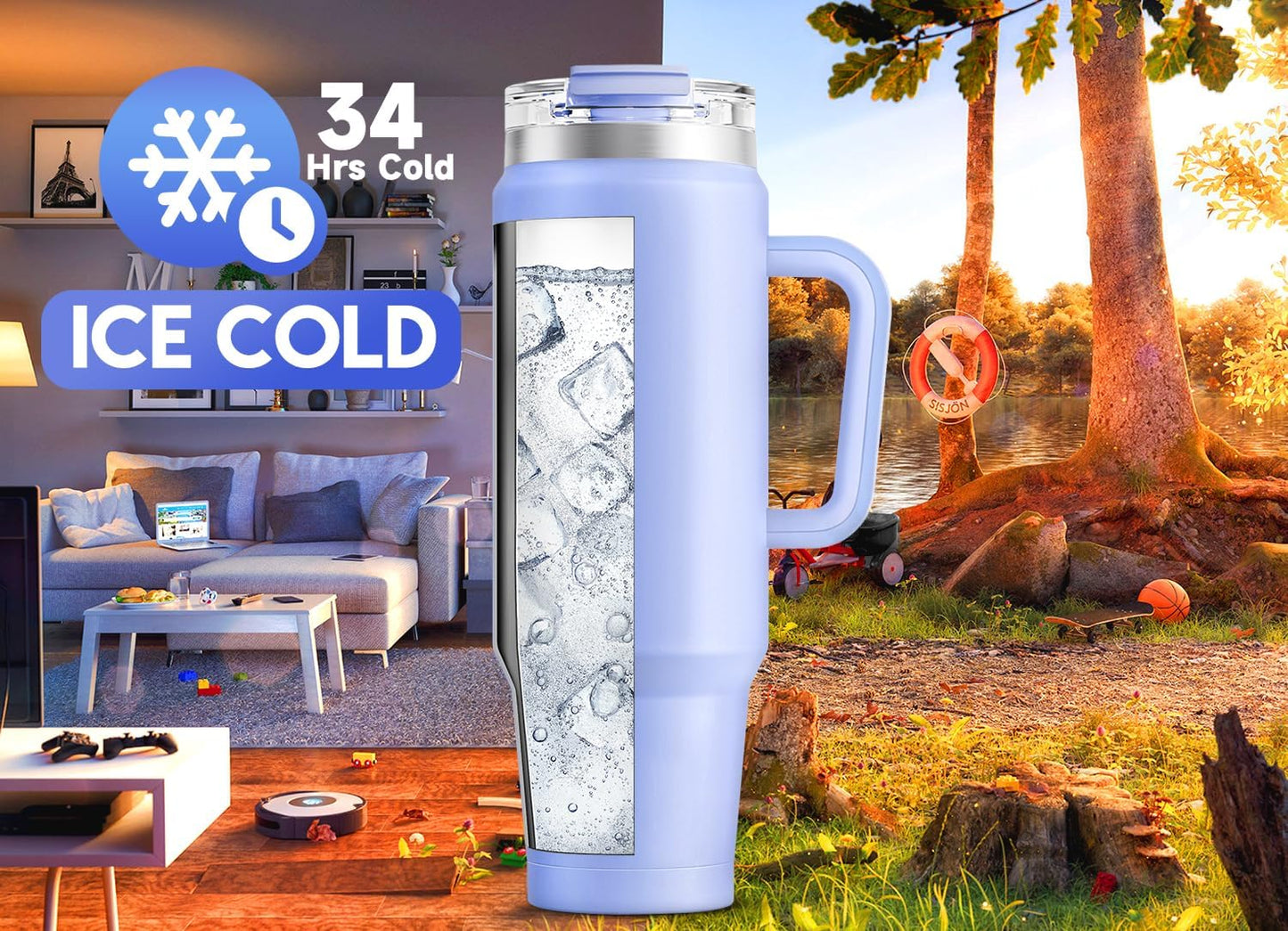 Meoky 32 oz Tumbler with Handle, Insulated Tumbler with Lid and Straw, Stainless Steel Travel Mug, Keeps Cold for 24 Hours, 100% Leak Proof, Fits in Car Cup Holder (Night)
