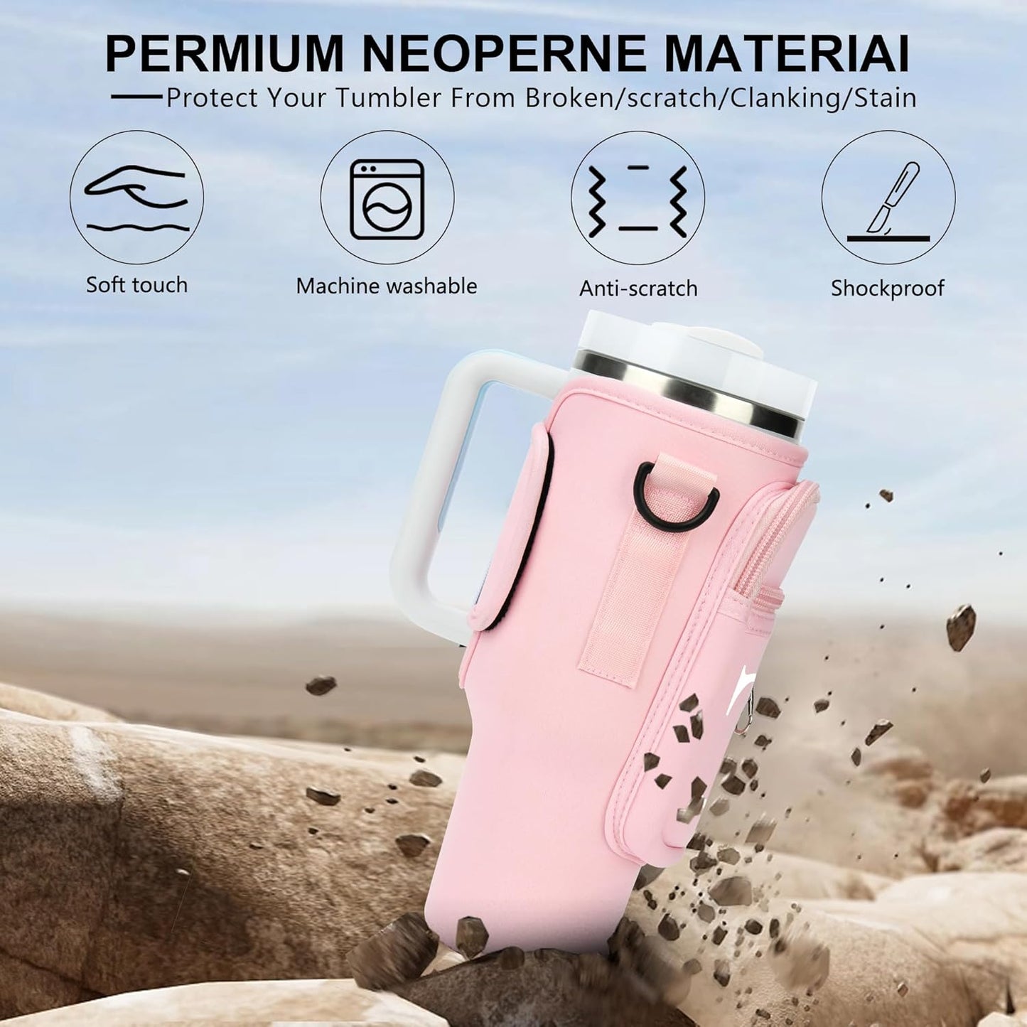 Initial Water Bottle Holder with Strap for Stanley Cup Accessories 40 oz/Simple Modern Tumbler, Birthdays for Women Girls, Water Bottle Carrier Bag with Phone Pocket,Hiking Walking Gym Camping